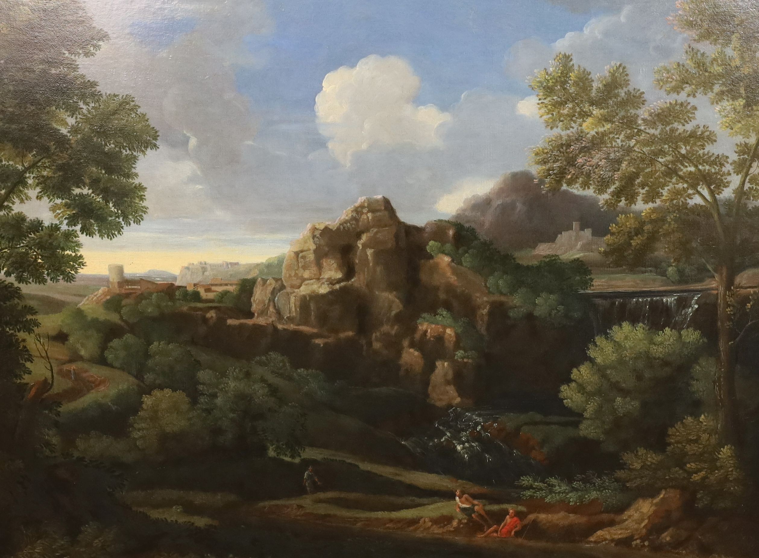 Circle of Nicolas Poussin (French, 1594-1665), Figures in an Italianate landscape, oil on canvas, 72 x 96cm